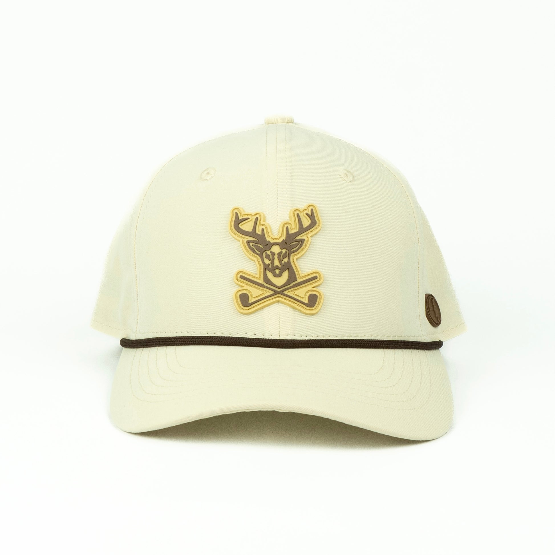 Cream cap with a rubber deer and antler golf logo 