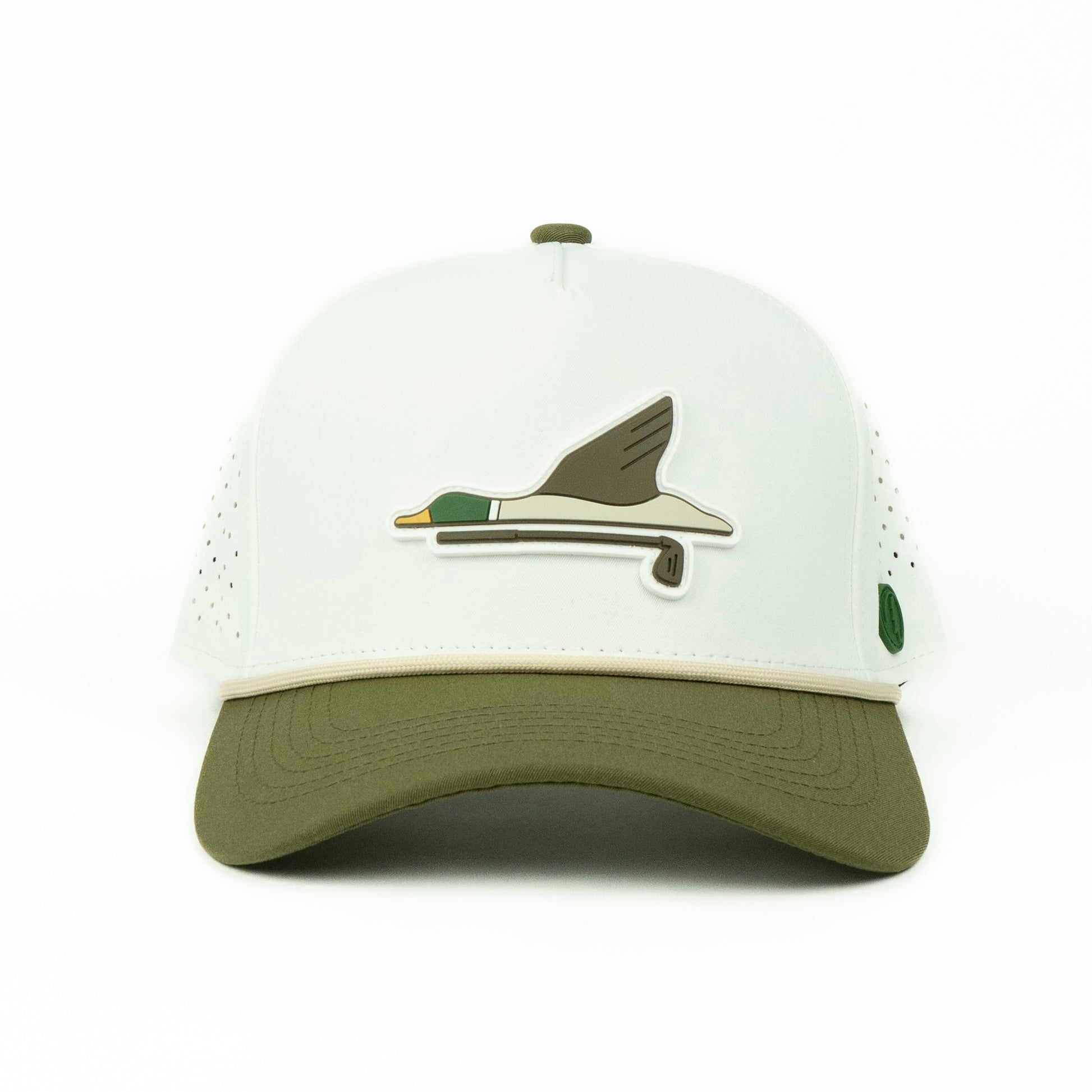 Two-tone cap with a rubber duck logo on a white background