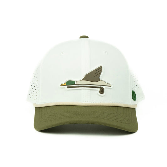 Two-tone cap with a rubber duck logo on a white background