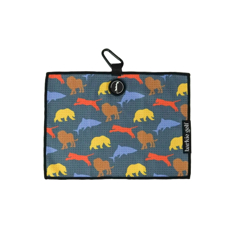 Kids magnetic Golf towel with lion, tiger, shark, bear prints on a blue background, featuring a carabiner and 'barkie golf' branding.