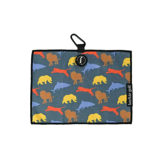 Kids magnetic Golf towel with lion, tiger, shark, bear prints on a blue background, featuring a carabiner and 'barkie golf' branding.