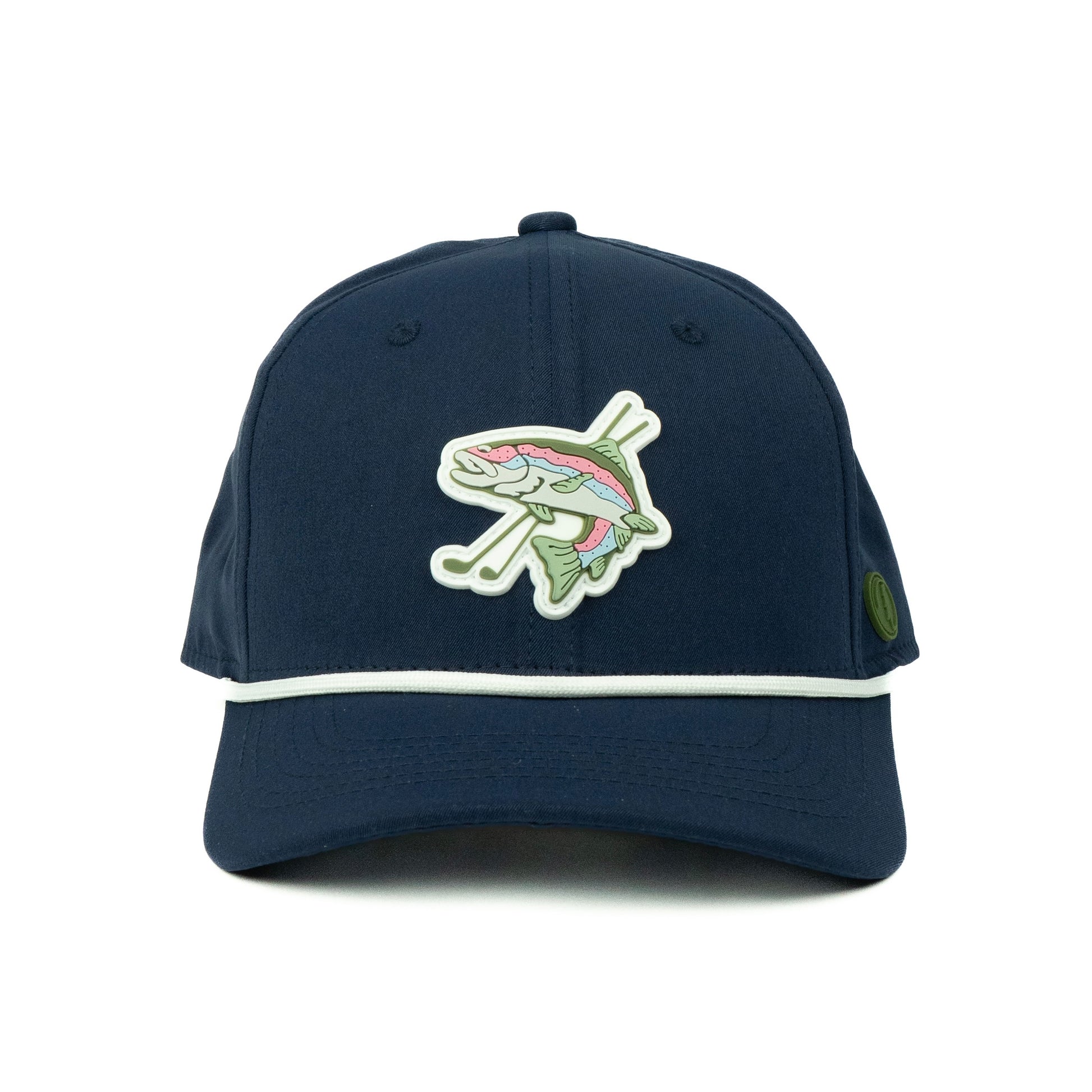 Navy hat with a rubber trout golf logo and white rope