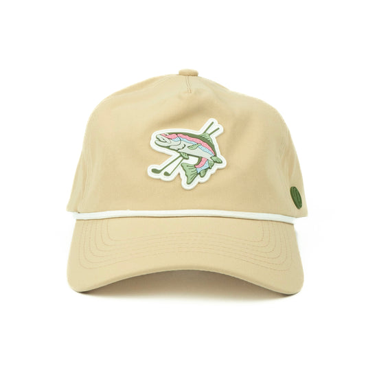 Tan hat with a rubber trout golf logo and white rope