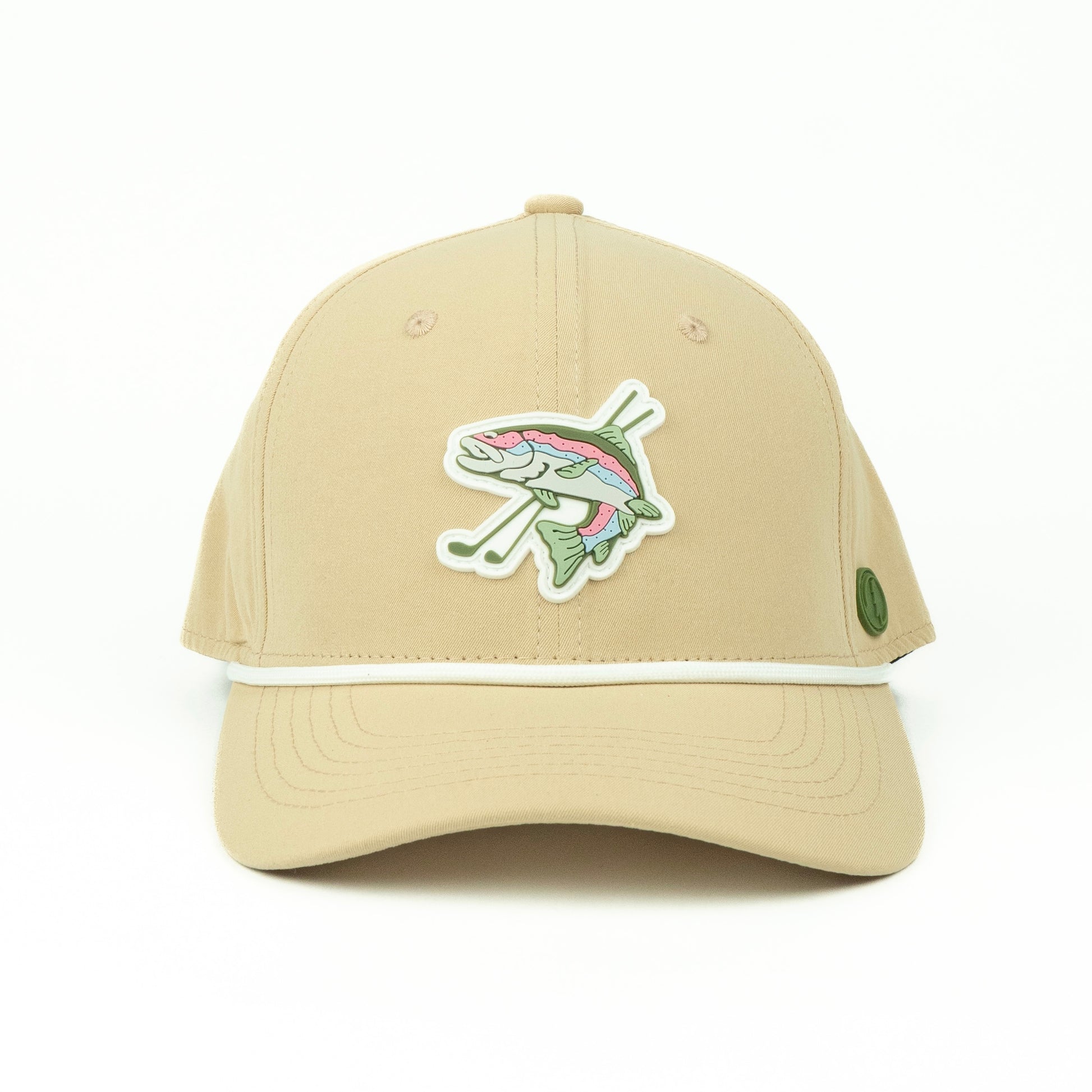 Tan hat with a rubber trout golf logo and white rope